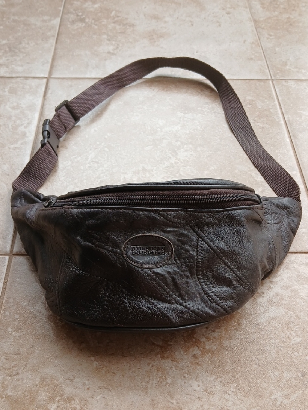 American Tourister Brown Leather Patchwork Belt Bag with Adjustable Strap